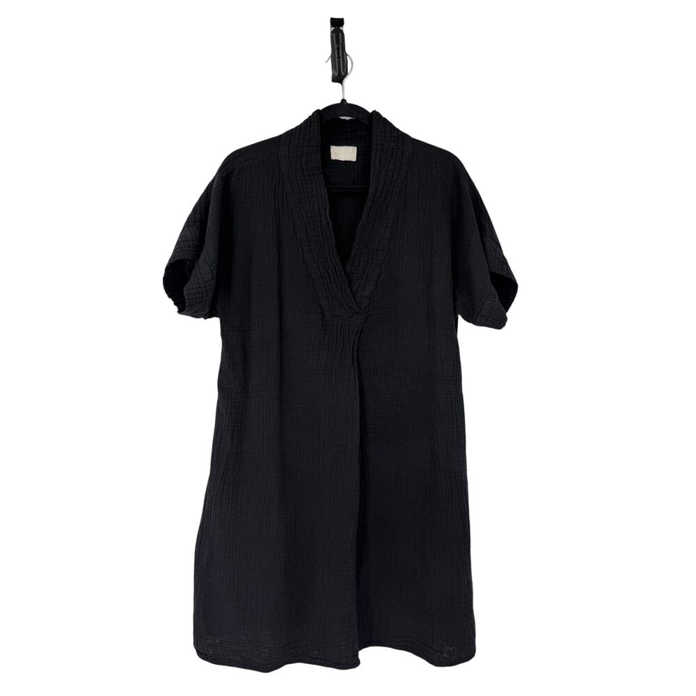 Honest Cotton Womens Mini Dress Gauze Cotton Black Short Sleeve Relaxed Fit